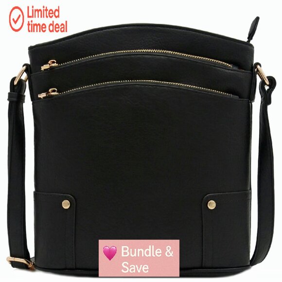 Large Triple Zip Crossbody Bag Faux Leather Adjustable Strap - Picture 1 of 8